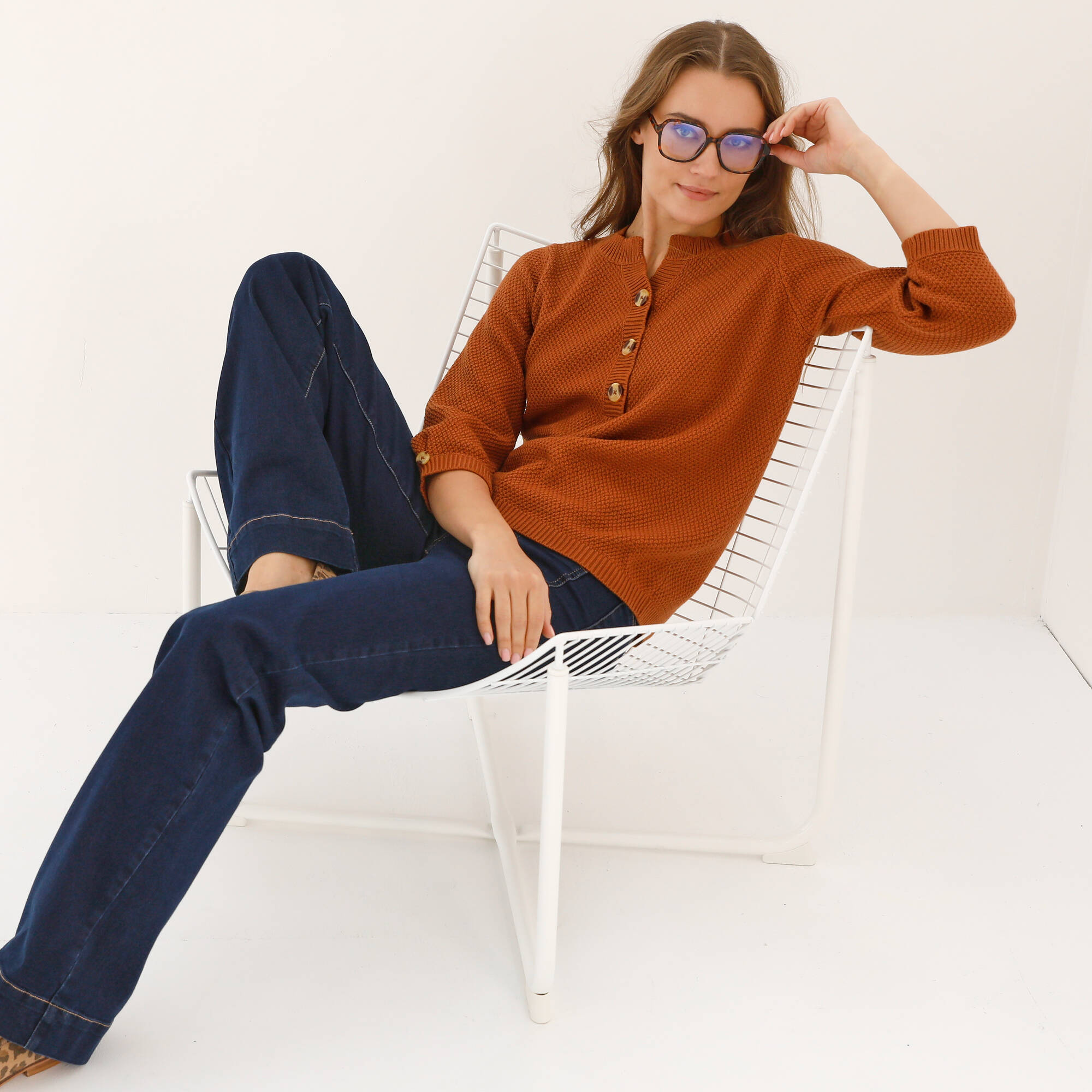 Pull col tunisien manches 3/4, maille fantaisie