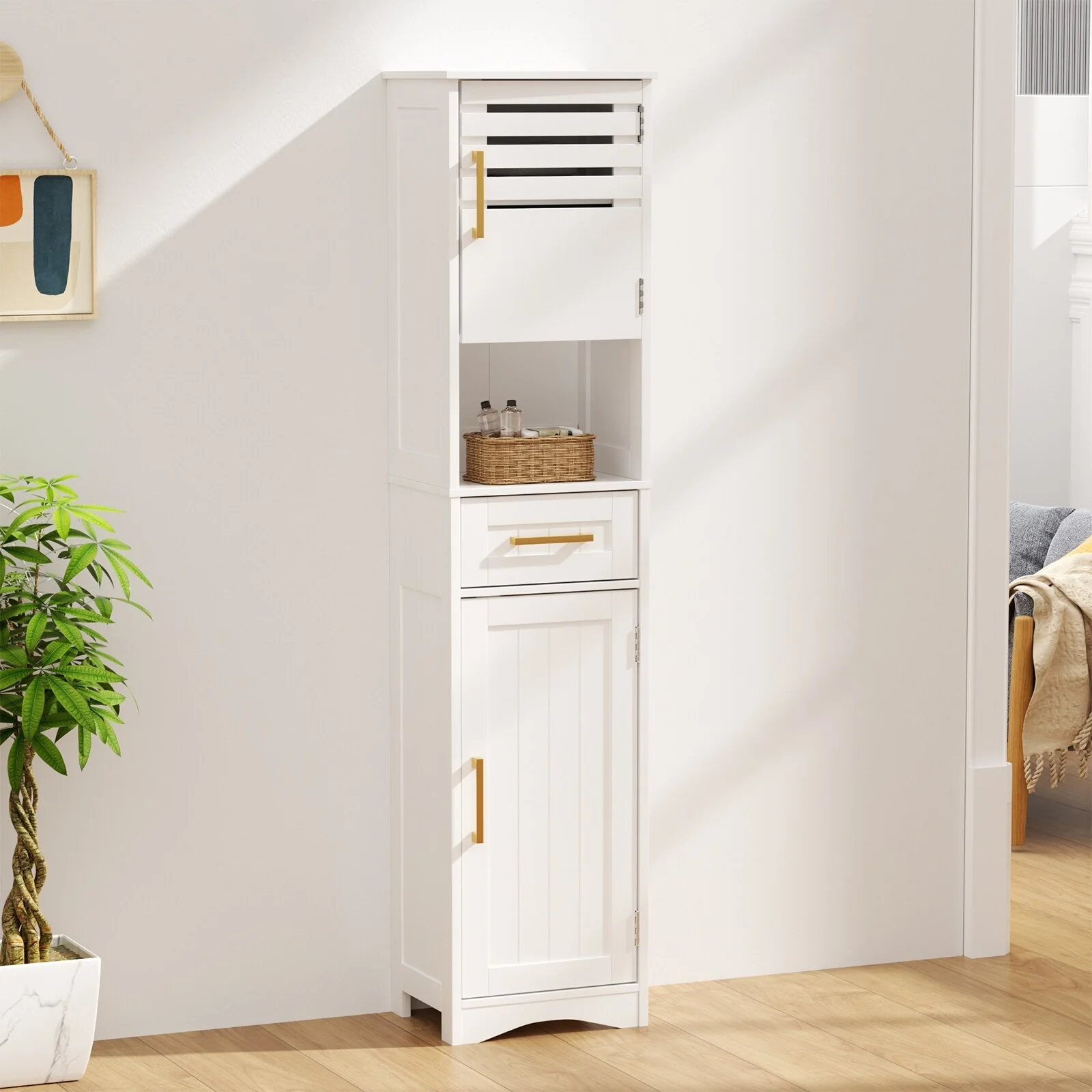 Tall Bathroom Floor Storage Cabinet with 1 Drawer and 2 Doors Storage Cabinet with 5 Adjustable Height Shelf
