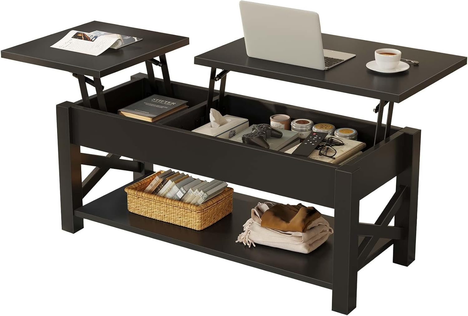 Rolanstar Coffee Table 47.2, 2 Way Lift Top Farmhouse Center Table with Hidden Compartment, Open Shelf & X Wooden Support for Living Room, Black