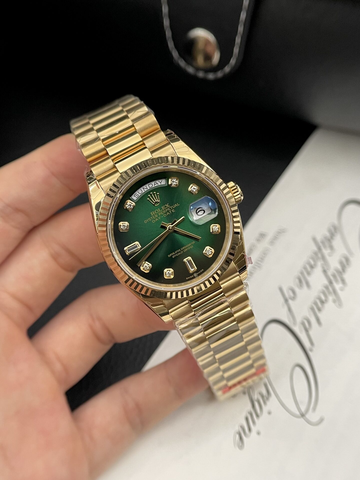 Rolex Day-Date YG Plated Green Dial CZ Diamonds 36mm EWF Replica