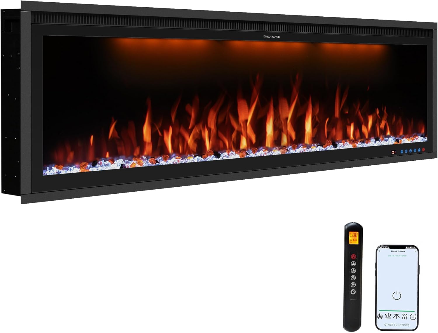 Benrocks 60'' WiFi- Enabled Electric Fireplace Inserts - Alexa & App Control, Slim Recessed & Wall Mounted, 13 * 13 * 3 Flame Color Combinations, 750W/1500W, Black