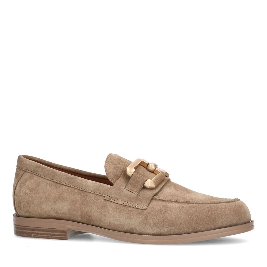 Manfield Beige suède loafers met vierkanten chain