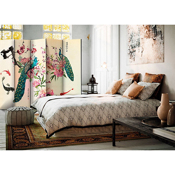 Paravent Décoratif Paon Amour II pour Intérieur Charmant 225 x 172 cm Beige et Noir