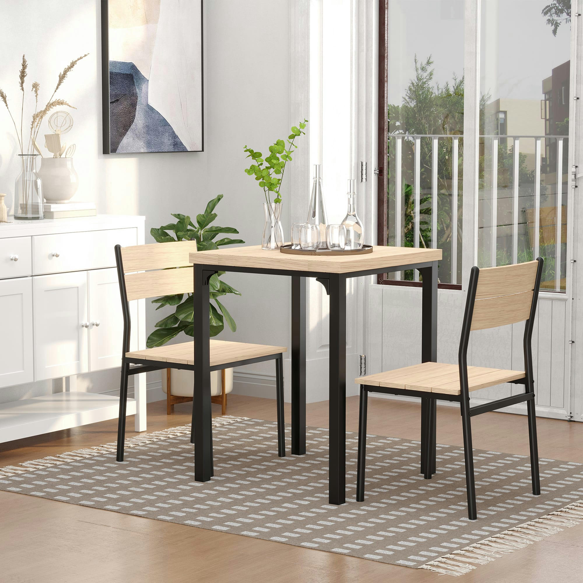 - Table avec 2 chaises style industriel acier noir aspect chêne clair