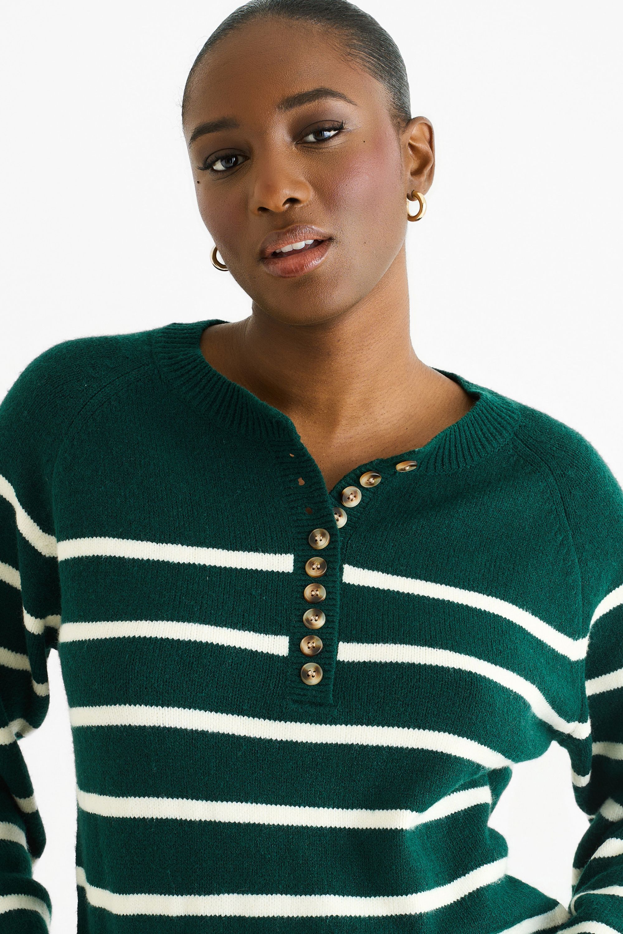 Gini London Green Stripe Button Up Loose Fit Knit Jumper