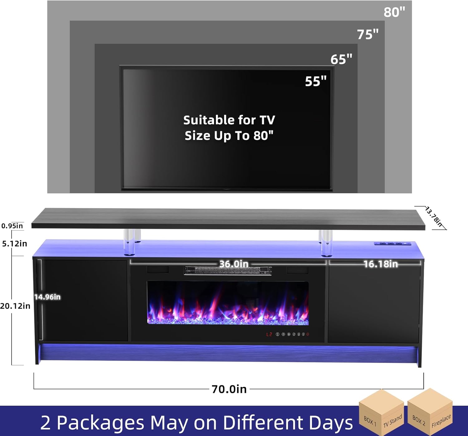 BREEZEHEAT 70 Inch Fireplace TV Stand for Up to 80 TV Console with 36'' Electric Fireplace & Outlet, Dual Led Lights Entertainment Center with Fireplace, Living Room, Black