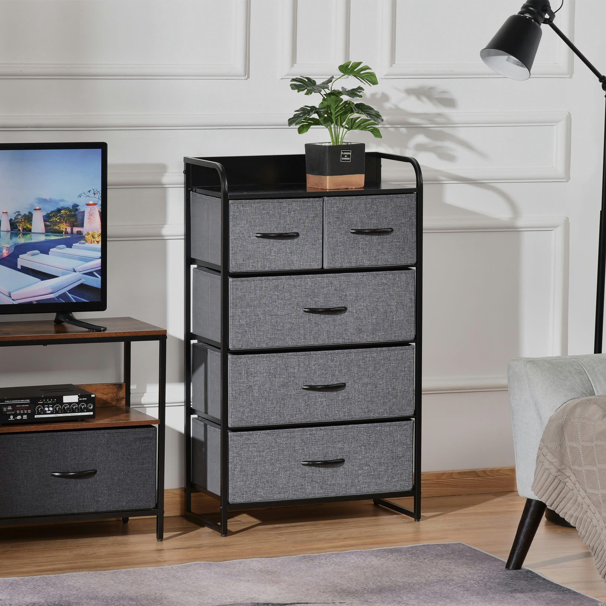 - Commode 5 tiroirs tissu gris châssis métal noir
