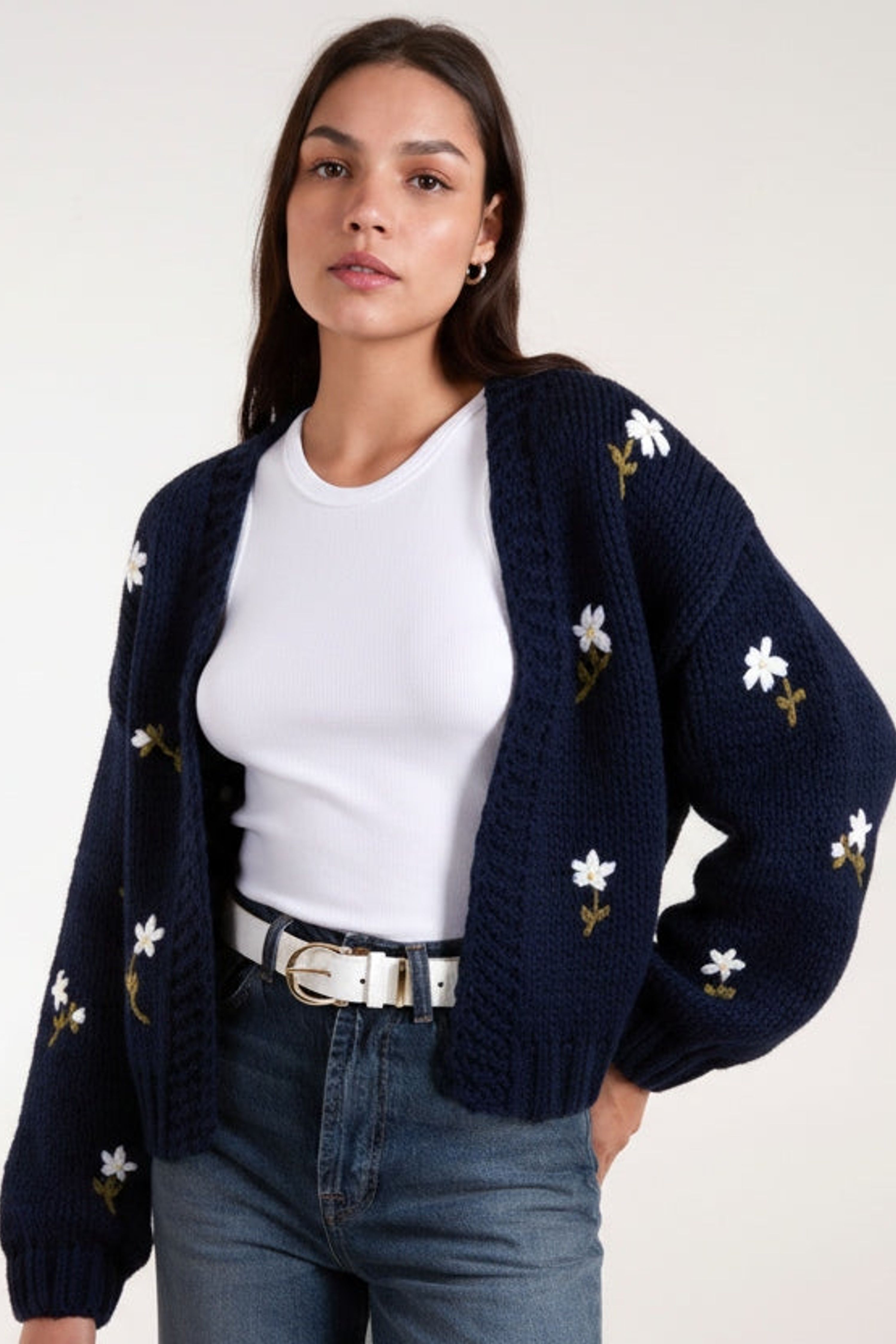 Blue Vanilla Navy Flower Embroidery Detailed Cardigan