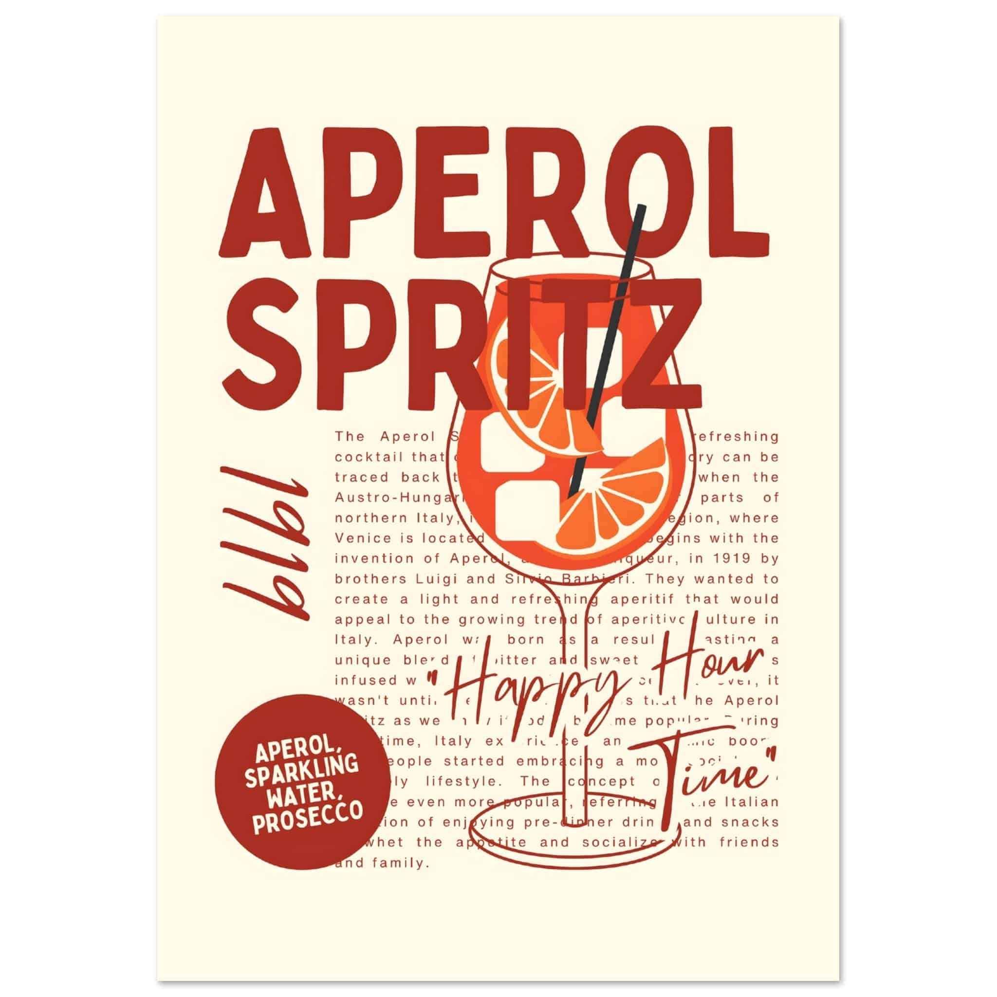 Artfulprints Poster Aperol Spritz - Happy hour  - A4 21x29.7 cm - Rood