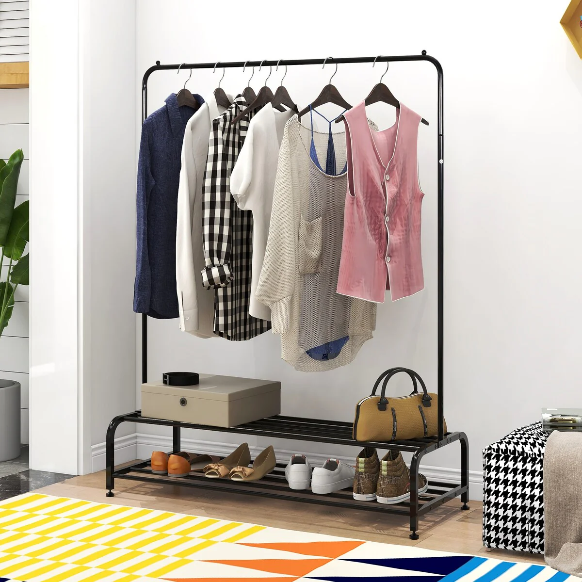 Metal Clothing Garment Rack With Shelves