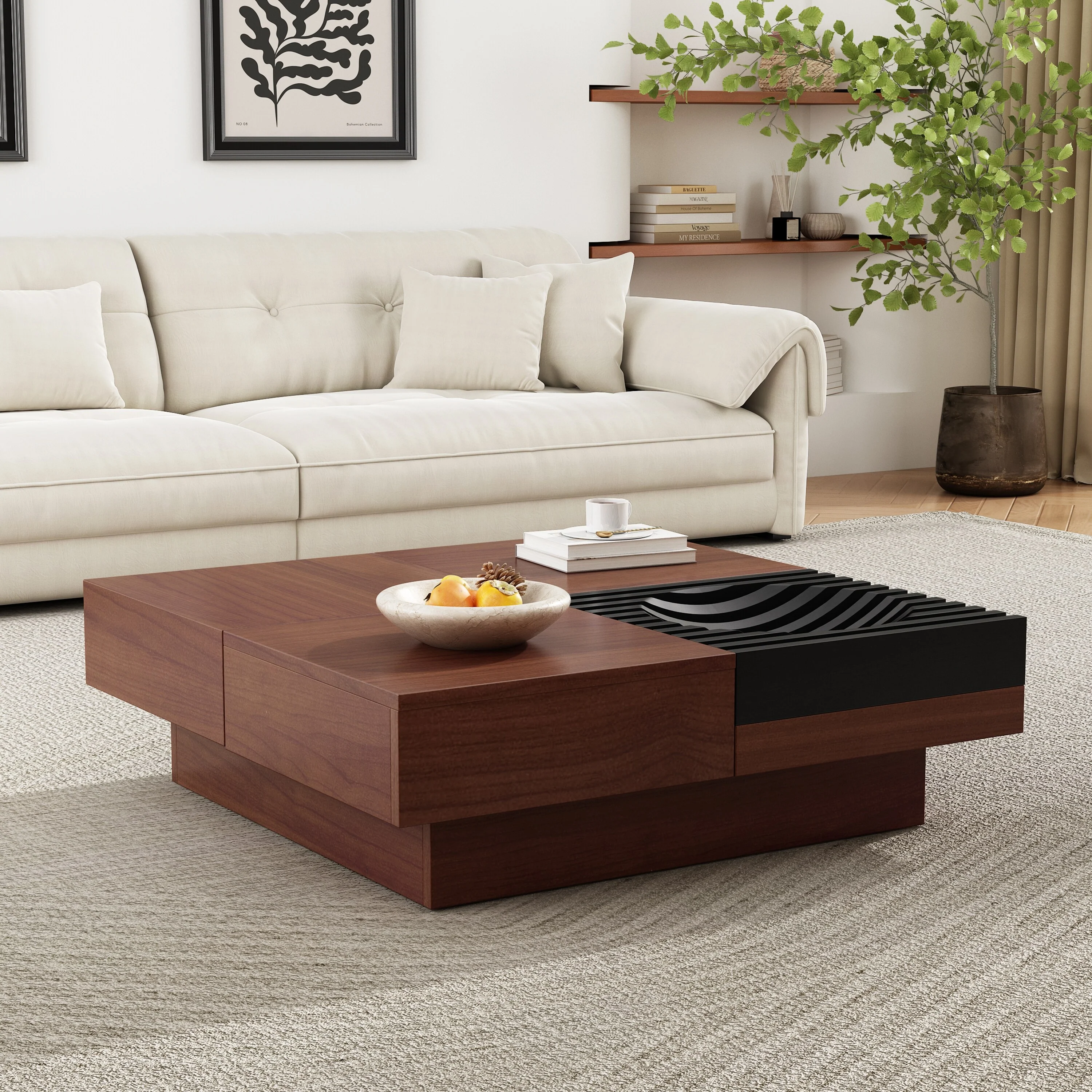 Acacia Wood Storage Coffee Table ,Brown & Black Color