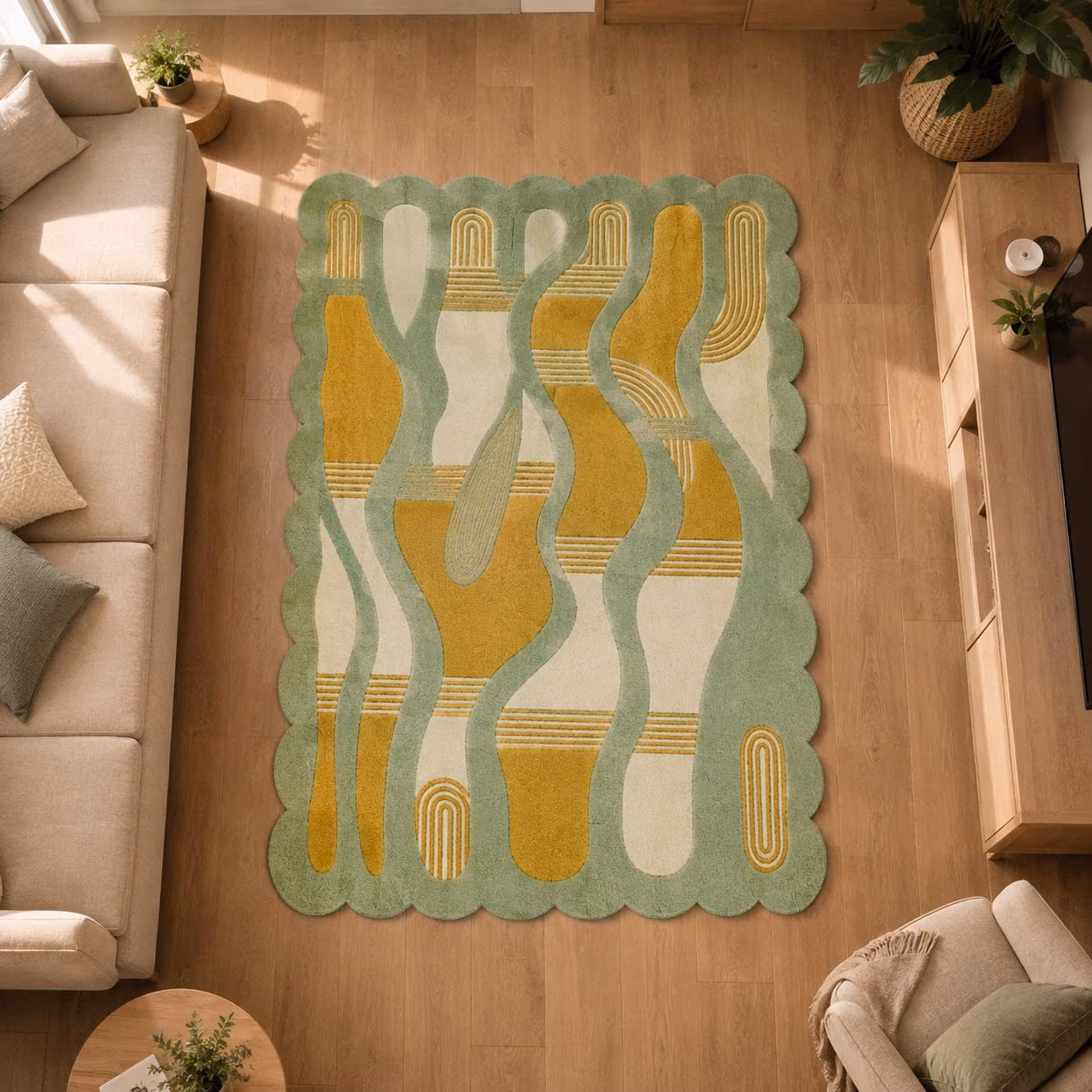 Hand-Tufted Wool Rug, Sage Green Mustard Abstract, Scalloped Edge (5x8 ft)