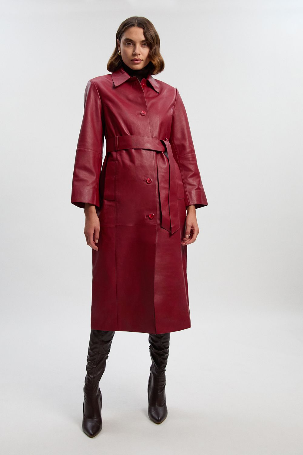 KarenMillen Leather Collared Belted Trench Coat