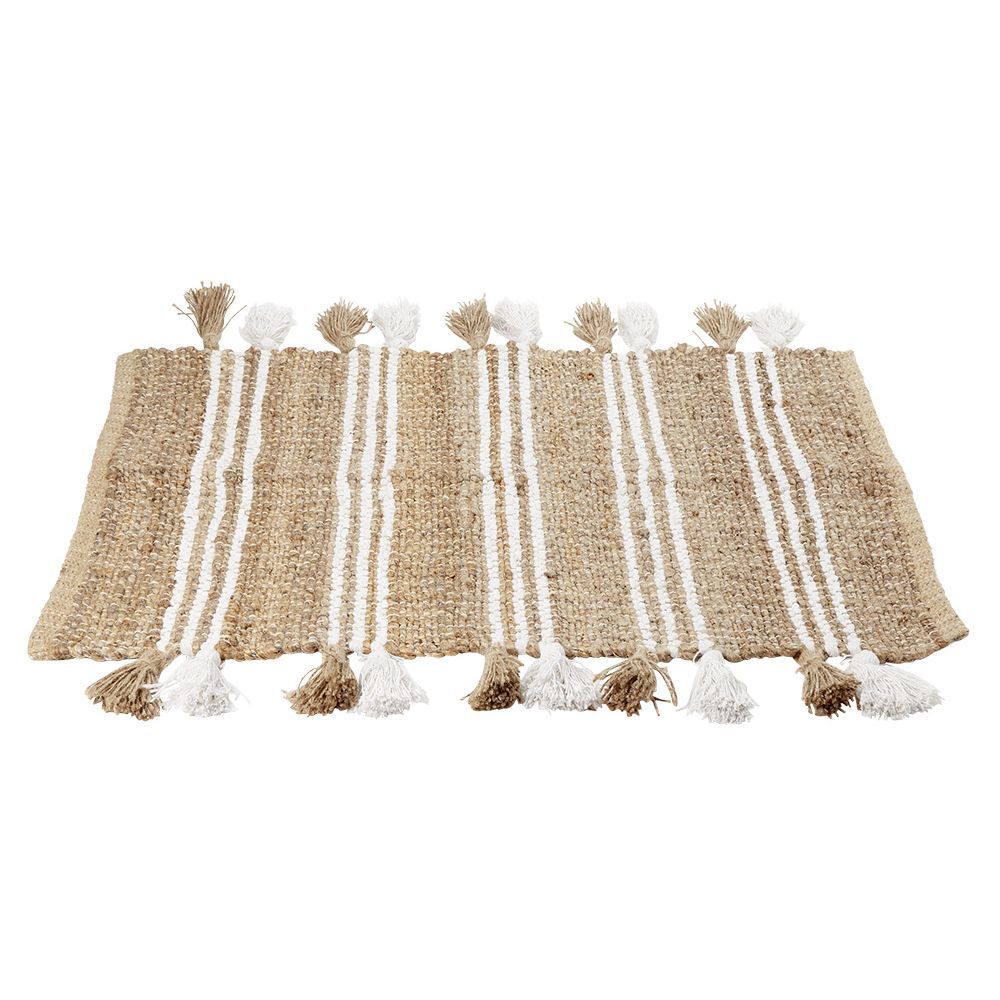 Tapis en jute avec pompon blanc L60X90 cm