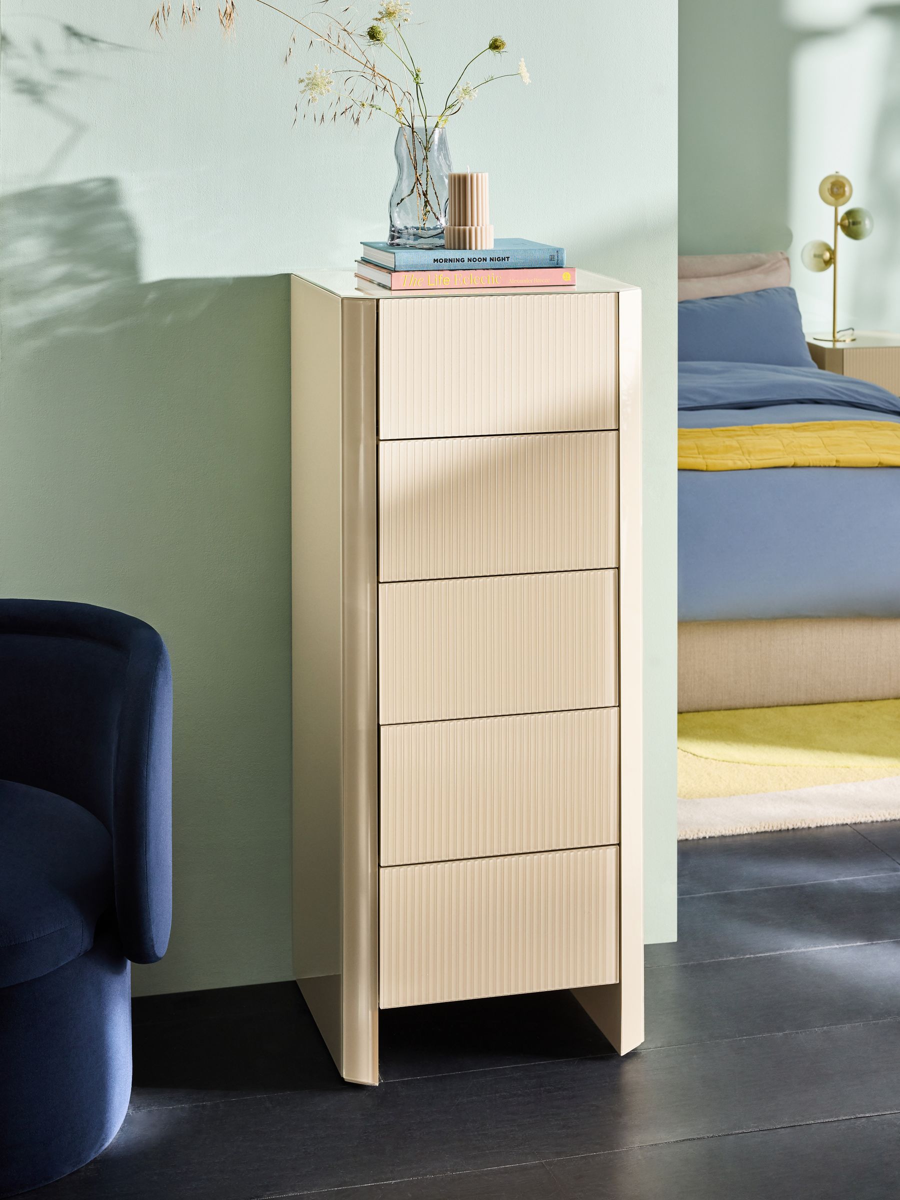 Eleni 5 Drawer Chest of Drawers in Ecru White Glass