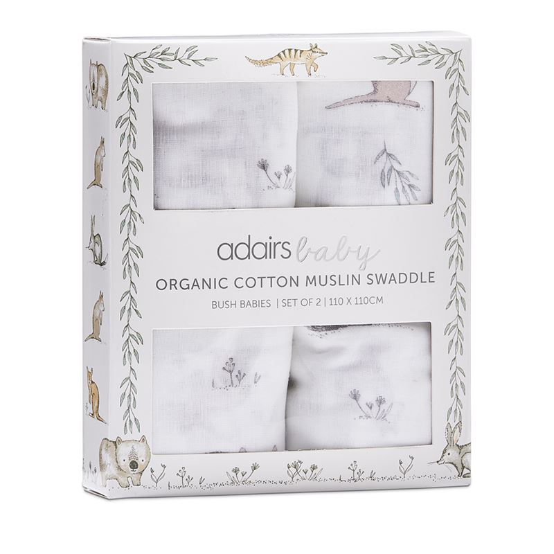 Bush Babies Natural Cotton Muslin Baby Swaddles 2pk