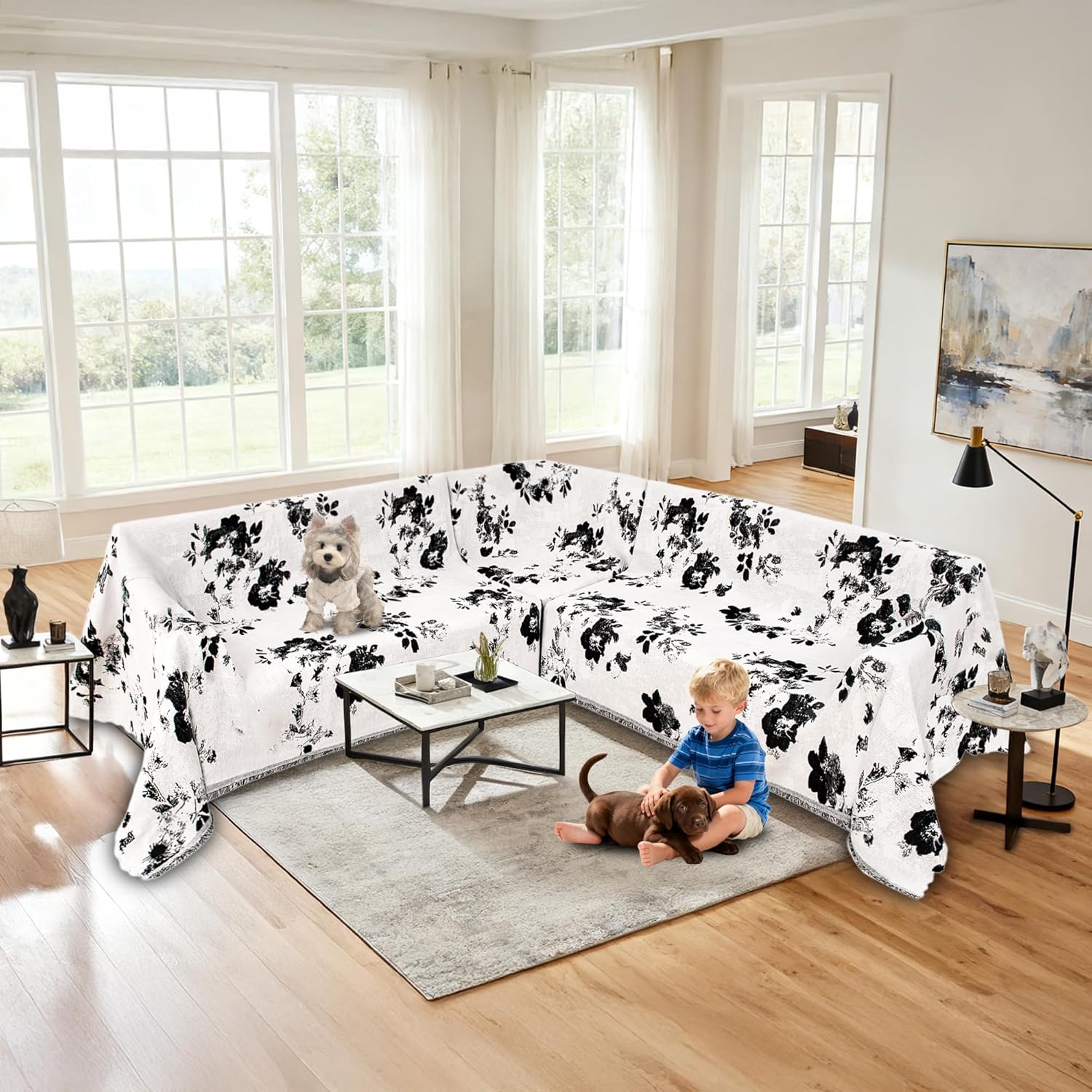 1OO% Waterproof Sectional Couch Covers for Dogs L Shaped Corner Sofa Cover Washable Chenille Sofa Slipcovers Blanket Modern Jacquard Pet Furniture Protector (91x252, Black Flower)
