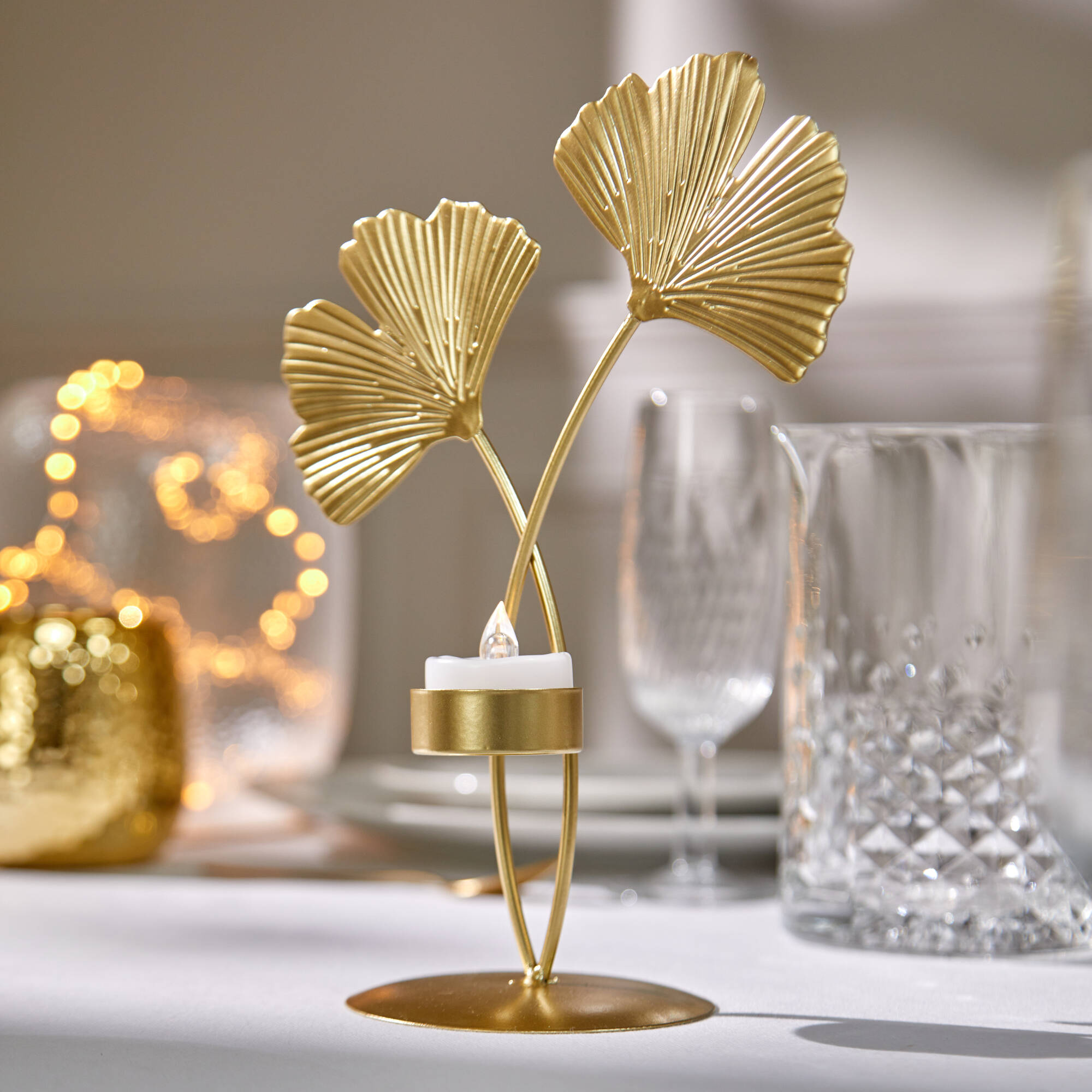 Bougeoir feuille gingko, métal doré