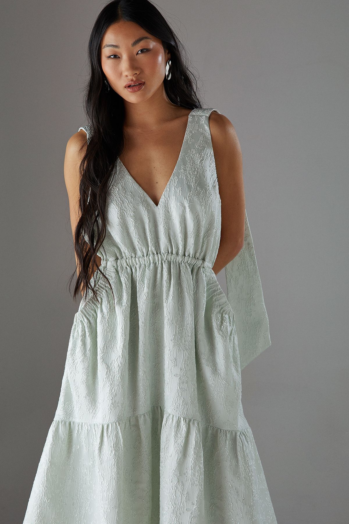 Warehouse Petite Jacquard Plunge Tie Pocket Midi Dress