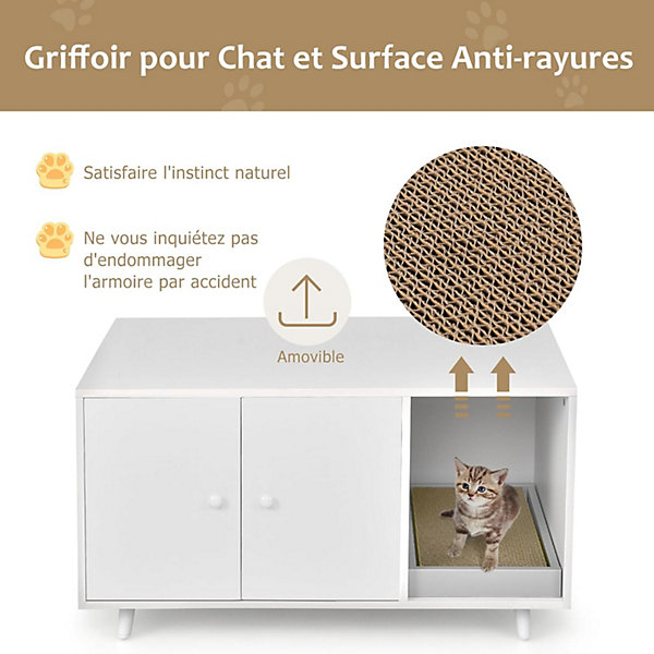 Maison de Toilette pour Chat en Bois Meuble Litière pour Chat Double Portes avec Grattoir à Chat pour Salon, Entrée