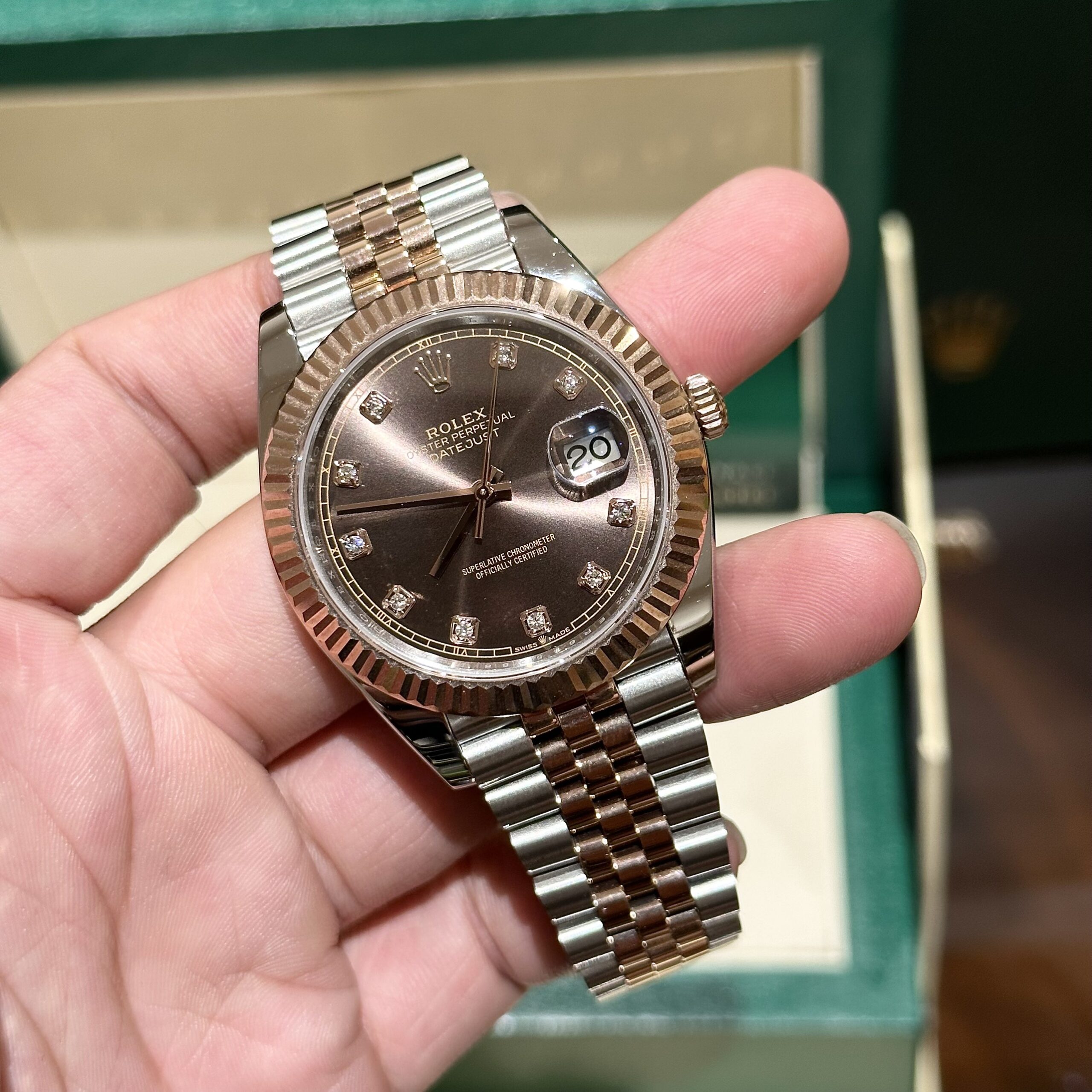 Rolex Datejust SS/RG Plated Chocolate Dial CZ Diamonds 41mm Jub EWF Replica