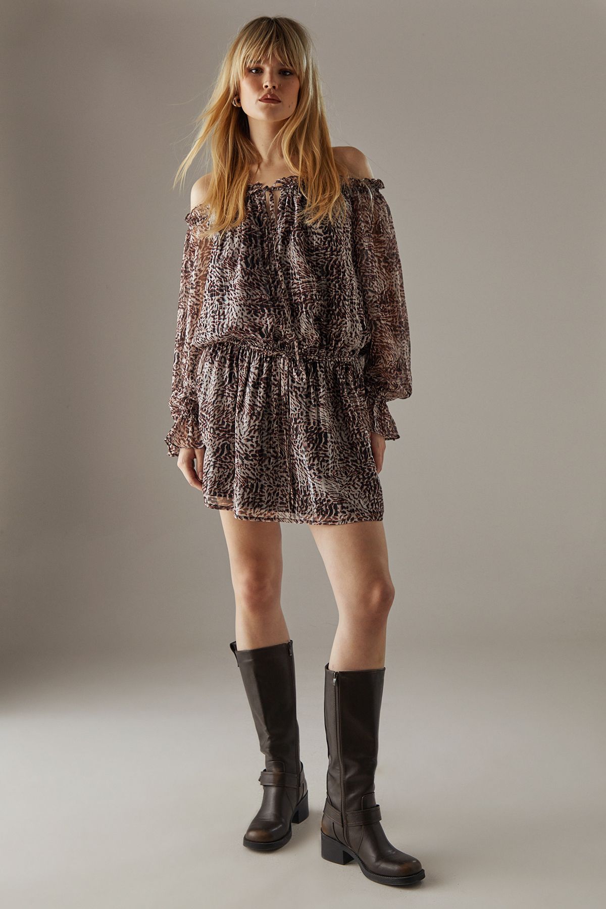 Warehouse Metallic Chiffon Bardot Drop Waist Mini Dress