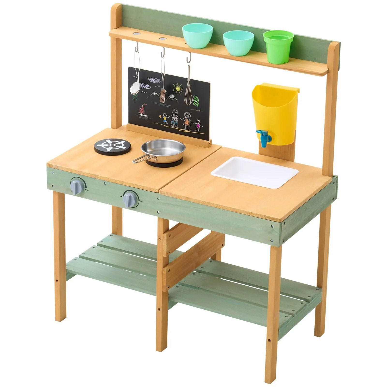 Natural-Green Cedar Wood Outdoor Mud Kitchen Playset for Kids - 15.4” D x 30” W x 36” H