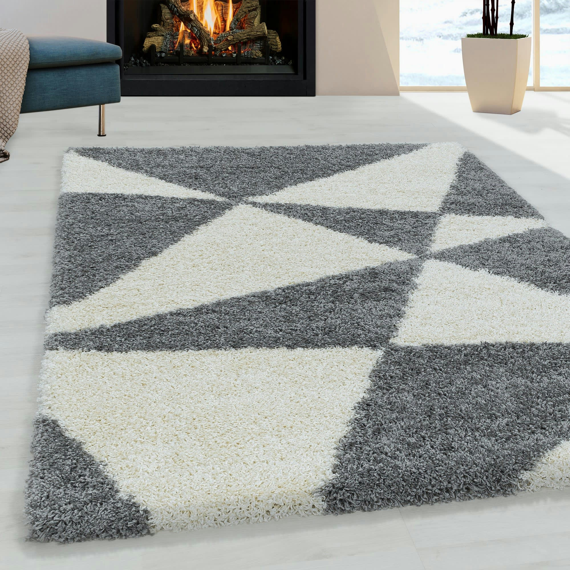 TRIANGLE - Tapis à poils longs géométrique gris et blanc 280x370cm