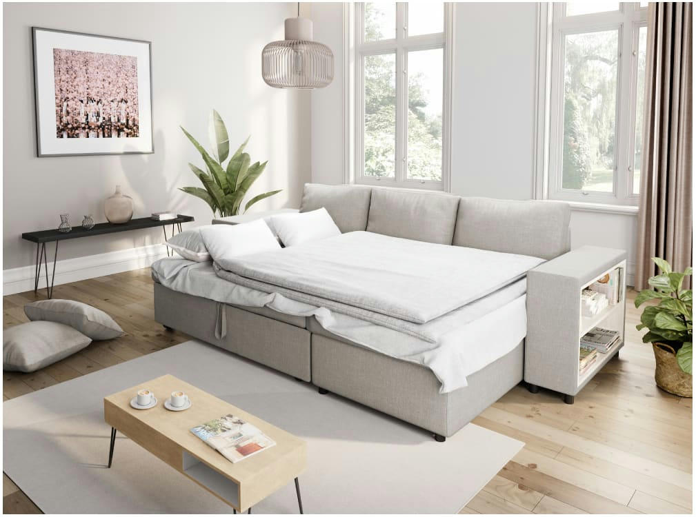 MADY - Canapé d'angle convertible beige avec rangement poufs à gauche