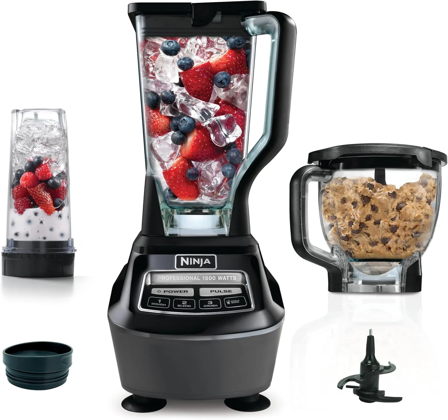 Ninja Blender, Mega Kitchen System, 1500W, 4 Functions for Smoothies, Processing, Dough, Drinks & More, with 72 Blender Pitcher, 64 Processor Bowl, 2 Nutri Cups   Lids, Black, BL770