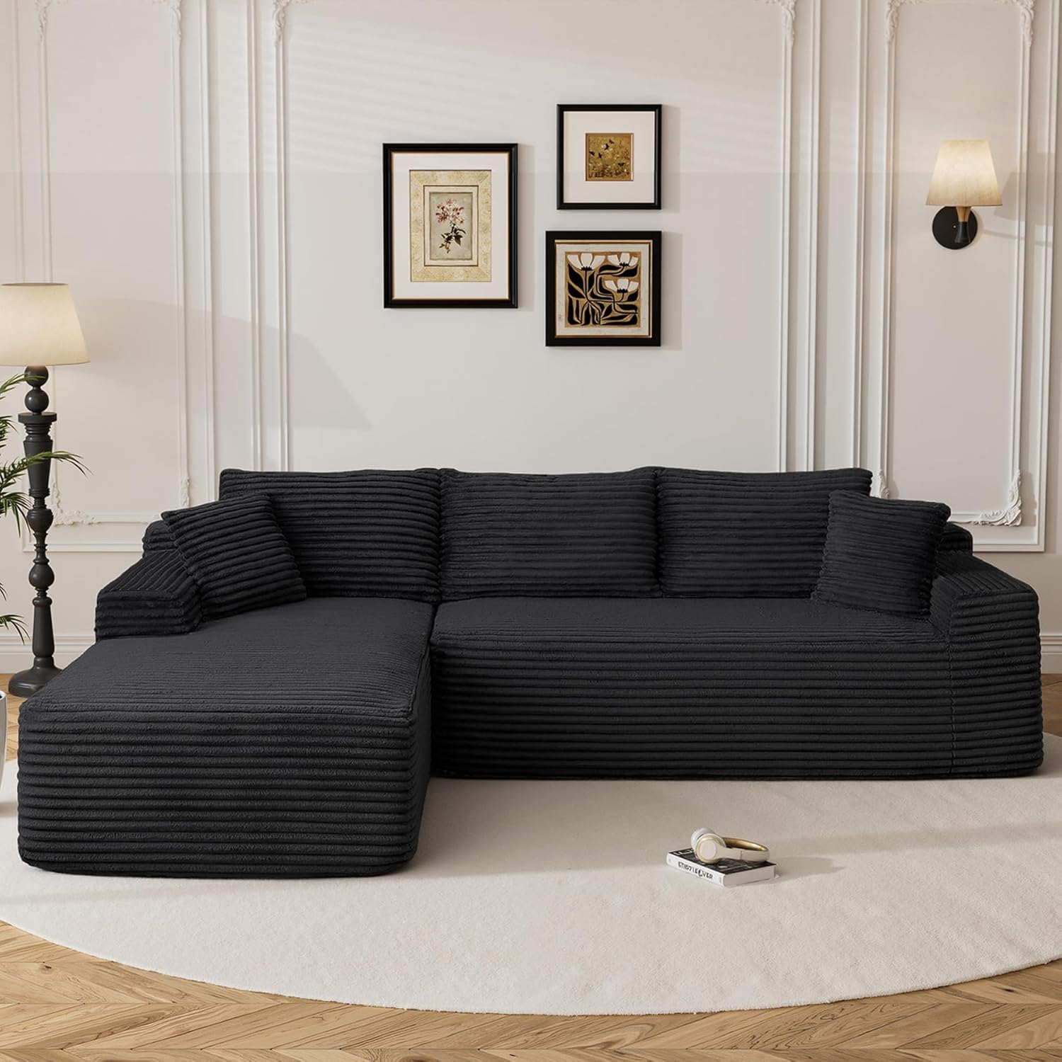 95 Boneless Cloud Sectional Couches for Living Room, Comfy Fluffy L Shaped Memory Foam Deep Seat Boneless Couch, Modular Sectional Sofa with Left Facing Chaise, Black