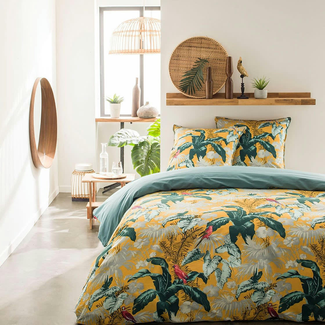 GUILLERMO - Parure de lit 2 personnes imprimé floral en Coton Jaune 220x240 cm