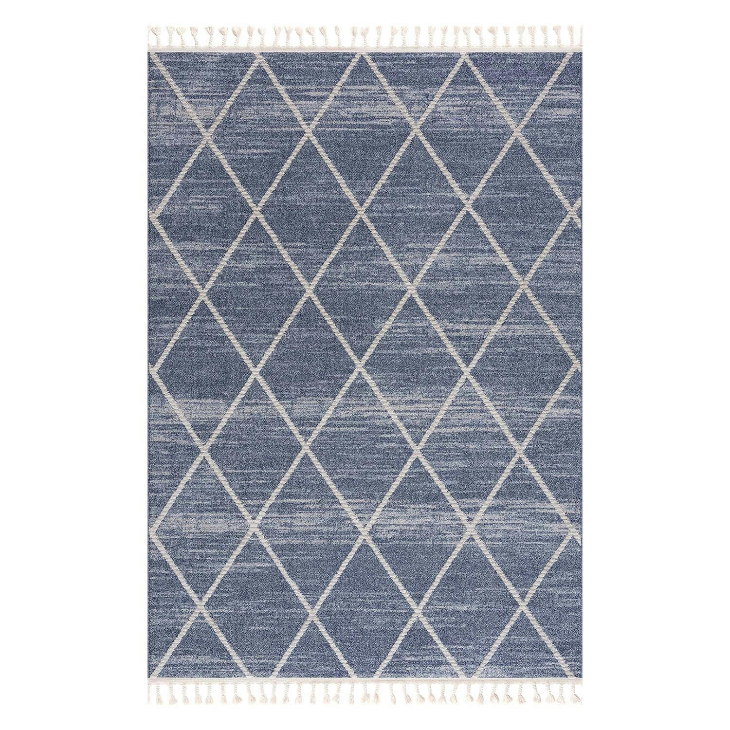 FLÄT - Tapis géométrique à franges tressées bleu et crème 200x290cm
