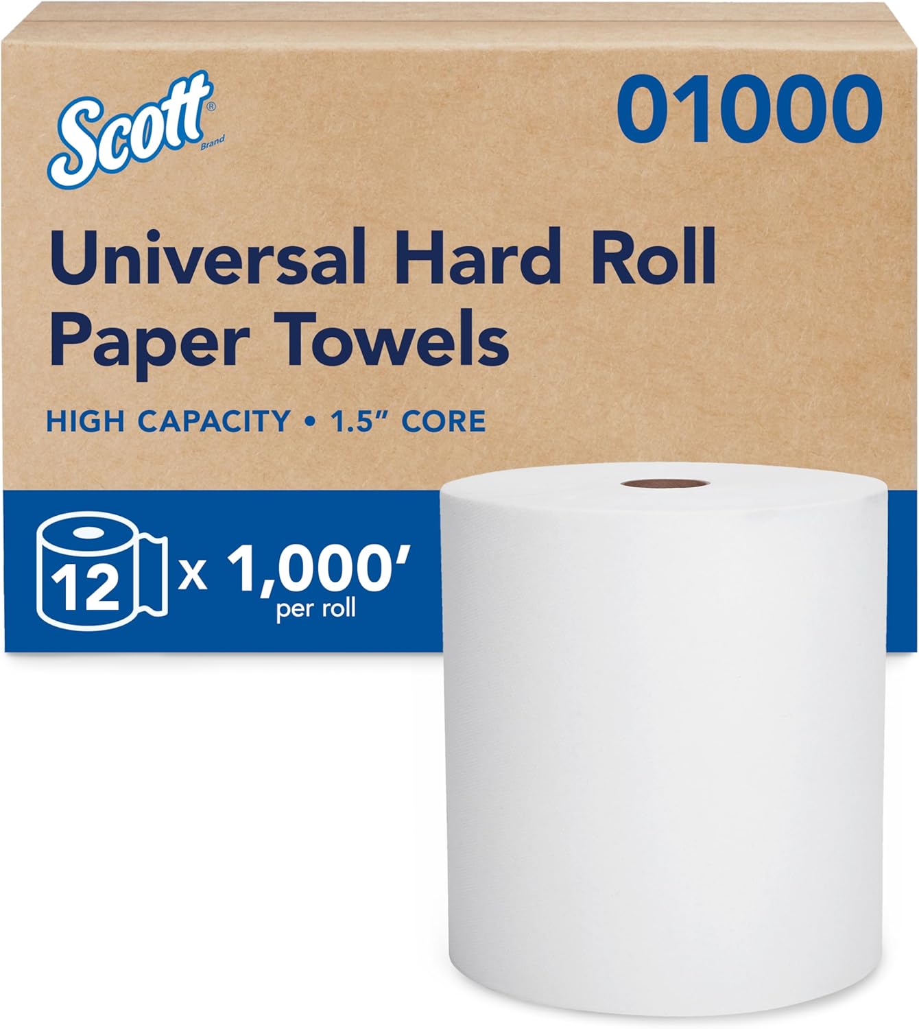 Scott Professional Essential Universal High-Capacity Hard Roll Paper Towels, Bulk (01000), Hardwound 1.5 Core, Absorbency Pockets, White (12 Rolls at 1,000' Each, 12,000'/Case)