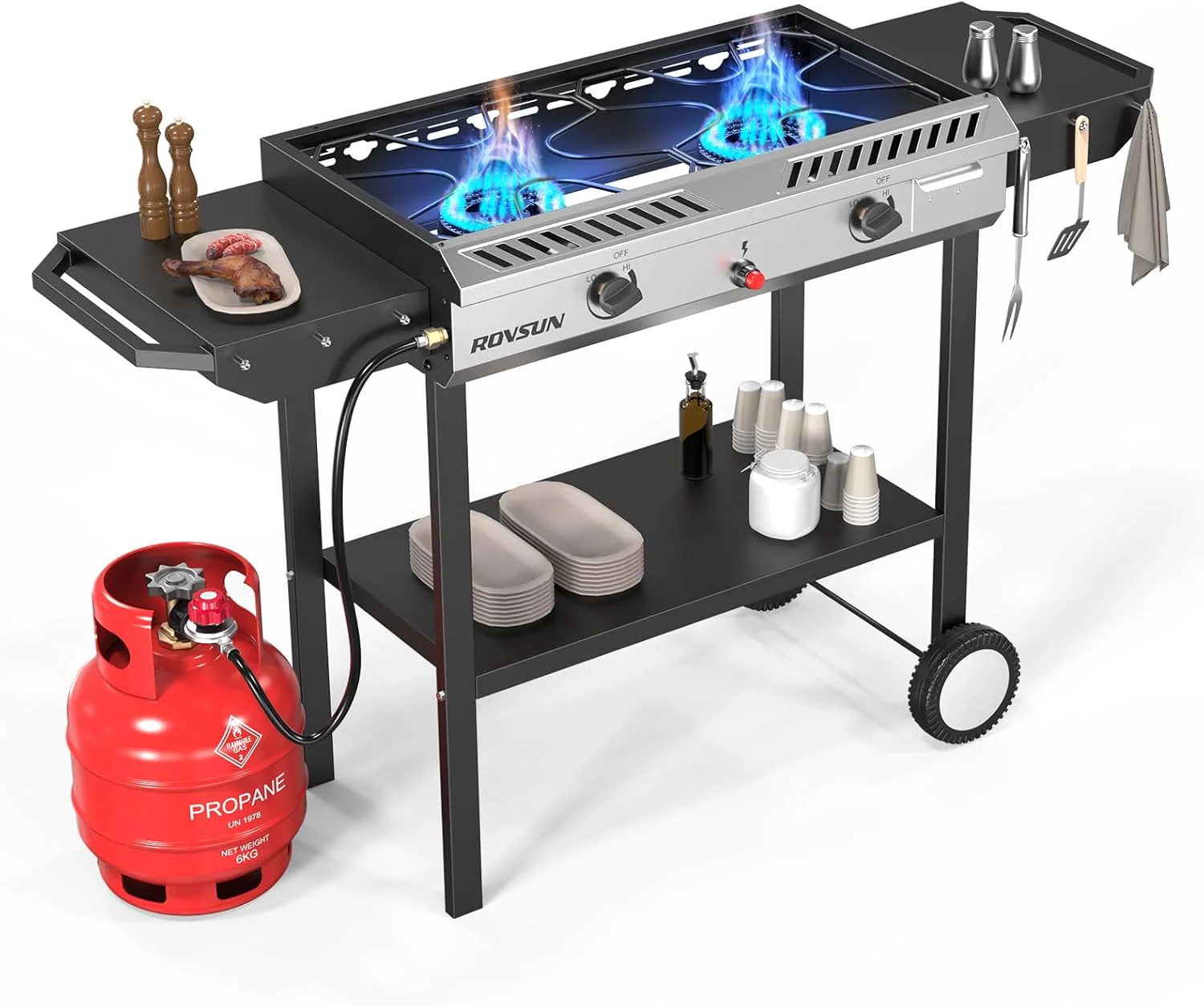 2 Burner Outdoor Propane Gas Stove with Griddle, Auto-ignition, Regulator  Side Shelves, 150,000 BTU Powerful Stand Cooker for Backyard Cooking Home Brewing Canning Frying Grilling(Deluxe)