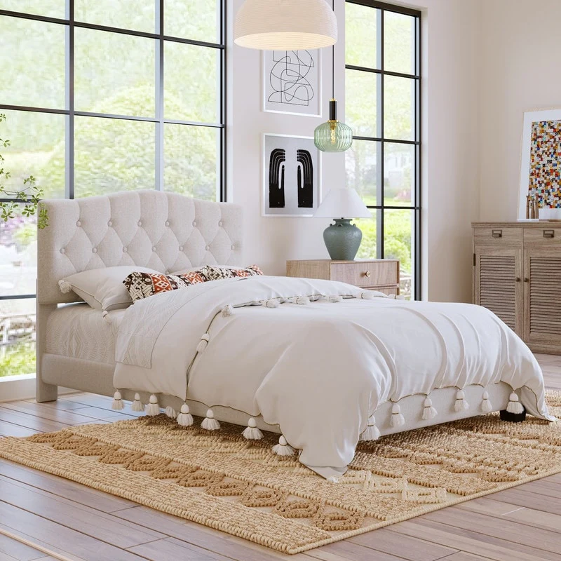Full Size Linen Upholstered Platform Bed with Saddle Curved Headboard and Diamond Tufted Details,Beige