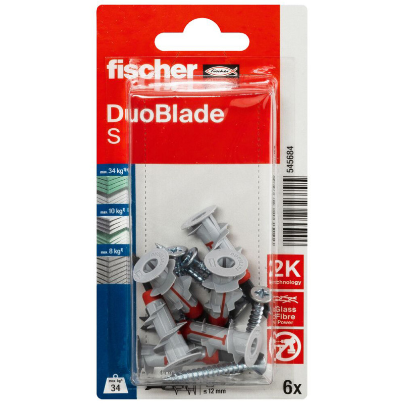 Cheville autoforeuse DuoBlade S pour plaques de carton-plâtre avec vis 6 pièces