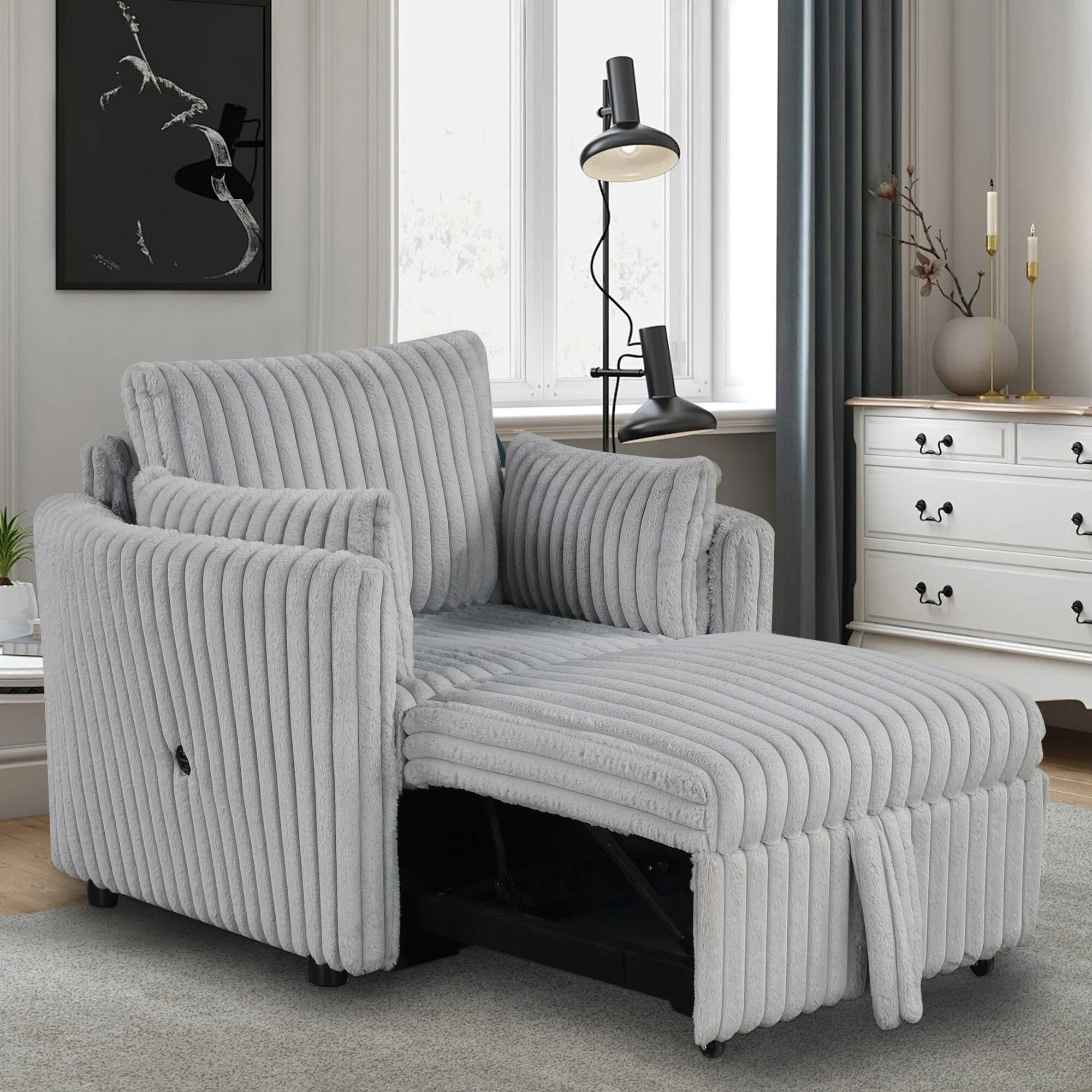 Modern Fabric Sleeper Single Sofa with USB and 2 pillows