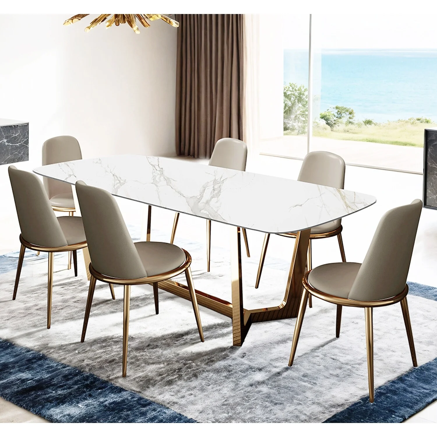 7 Piece Dining Set with Metal Trestle Legs