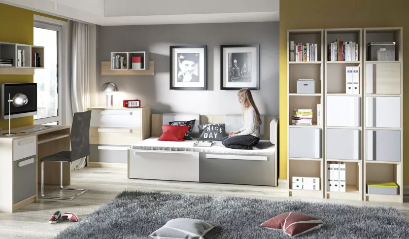 Łóżko DOT 90x200 buk/białe/szare z szufladami/bez materaca