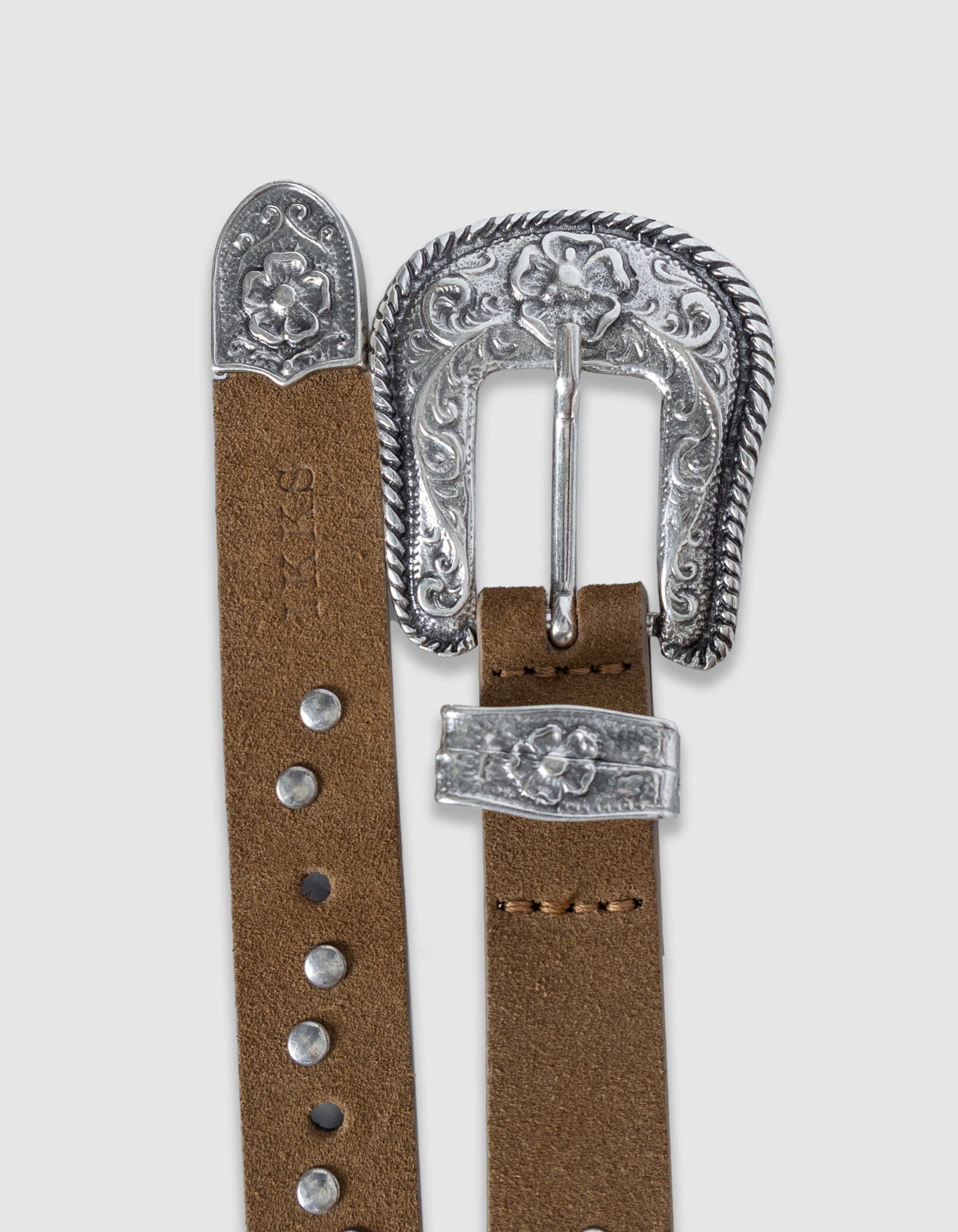Ceinture camel cuir velours clouté boucle western Femme
