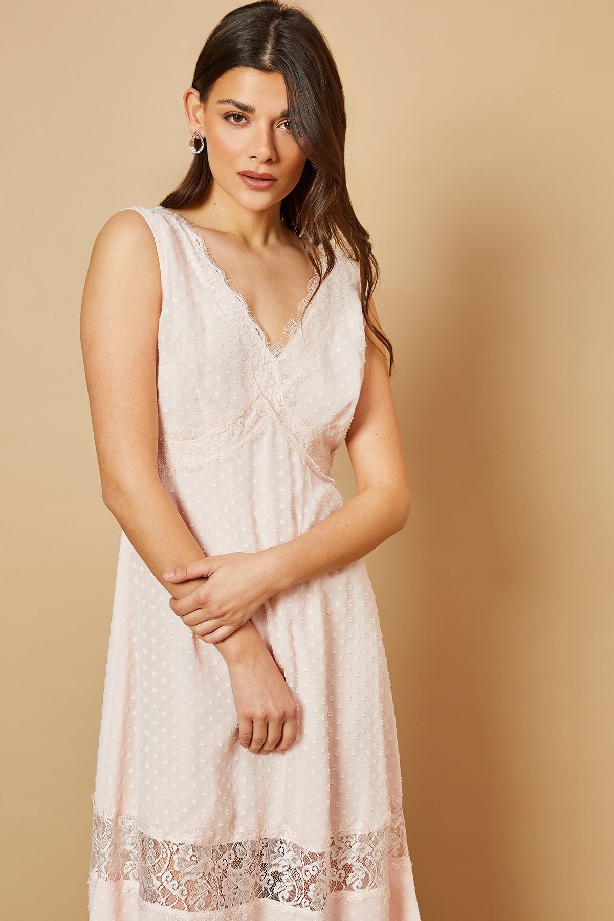 Oasis Dobby Chiffon Lace Insert Midi Dress