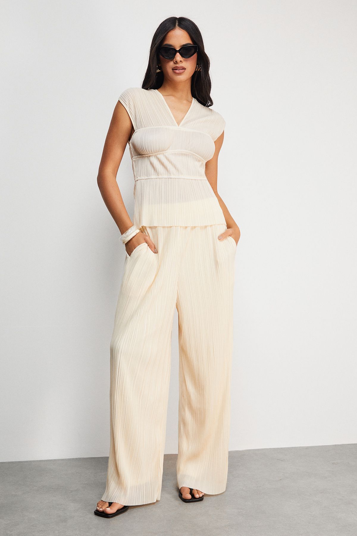 Warehouse Plisse Seam Detail Asymmetric Hem Top