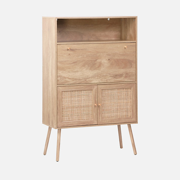 Bureau secrétaire décor bois et cannage 2 portes naturel - Boheme