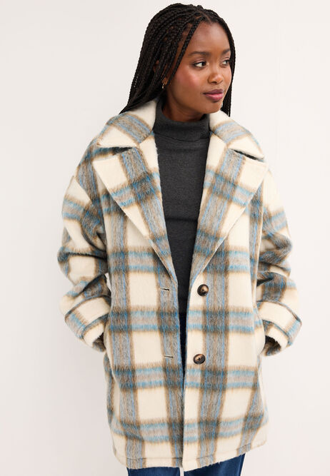 Womens Blue Check Cocoon Coat