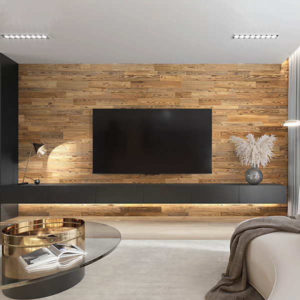 Panneau Mural Bois Recyclé Amber - Bois de Grange Ancien Traité - Texture Naturelle Brossée - 24 Pièces/m² - Revêtement Décoratif