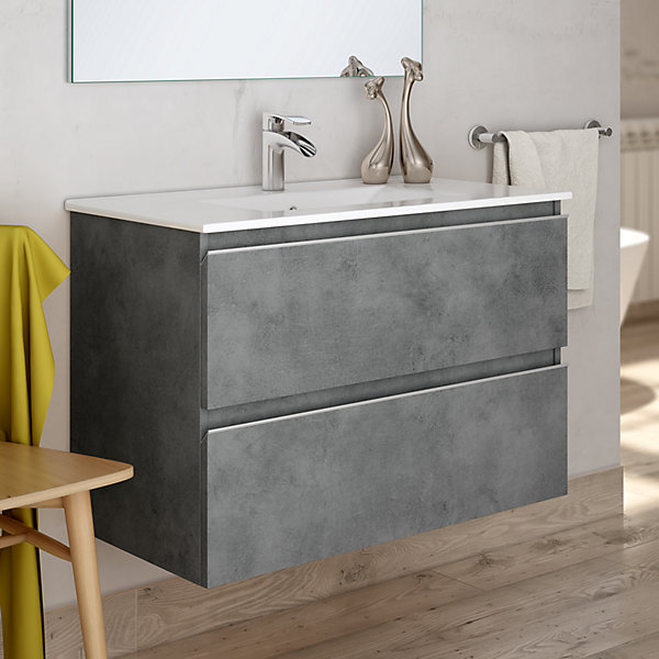 Ensemble meuble de salle de bain 60cm simple vasque   colonne de rangement - BALEA - ciment (gris)