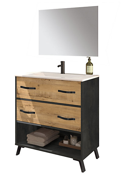 Meuble Vasque avec miroir coloris Marbre / chêne doré - Hauteur 90 x Longueur 81 x Profondeur 47 cm