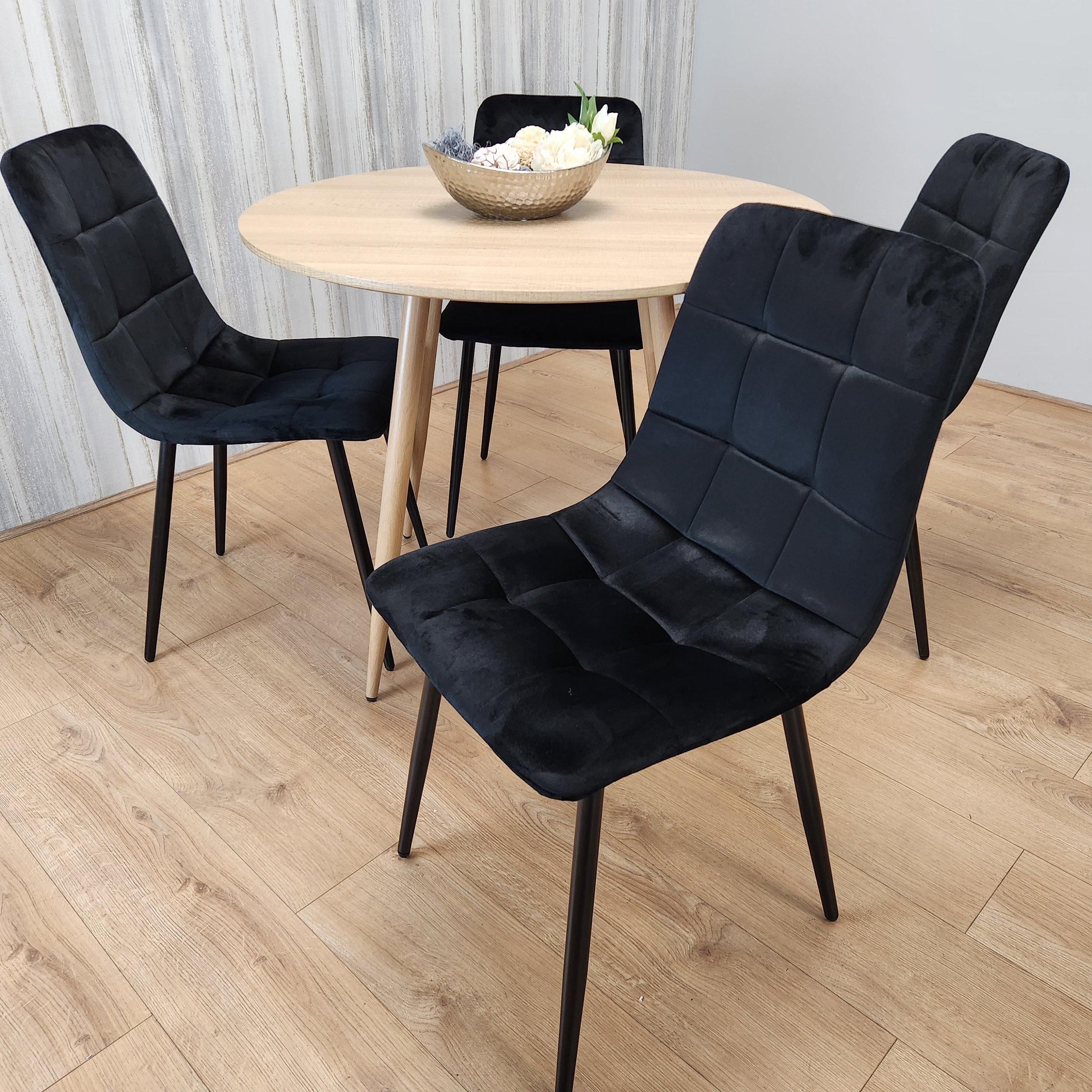 KOSY KOALA Round Oak Effect Kitchen Dining Table With 4 Black Velvet Tufted Chairs Dining Set