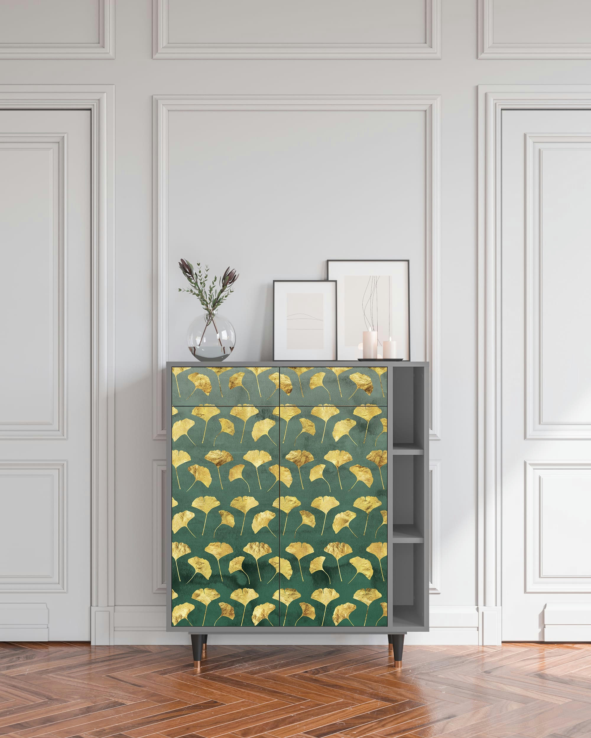 GINGKO LEAVES - Buffet  vert et jaune 2 tiroirs et 2 portes L 94 cm